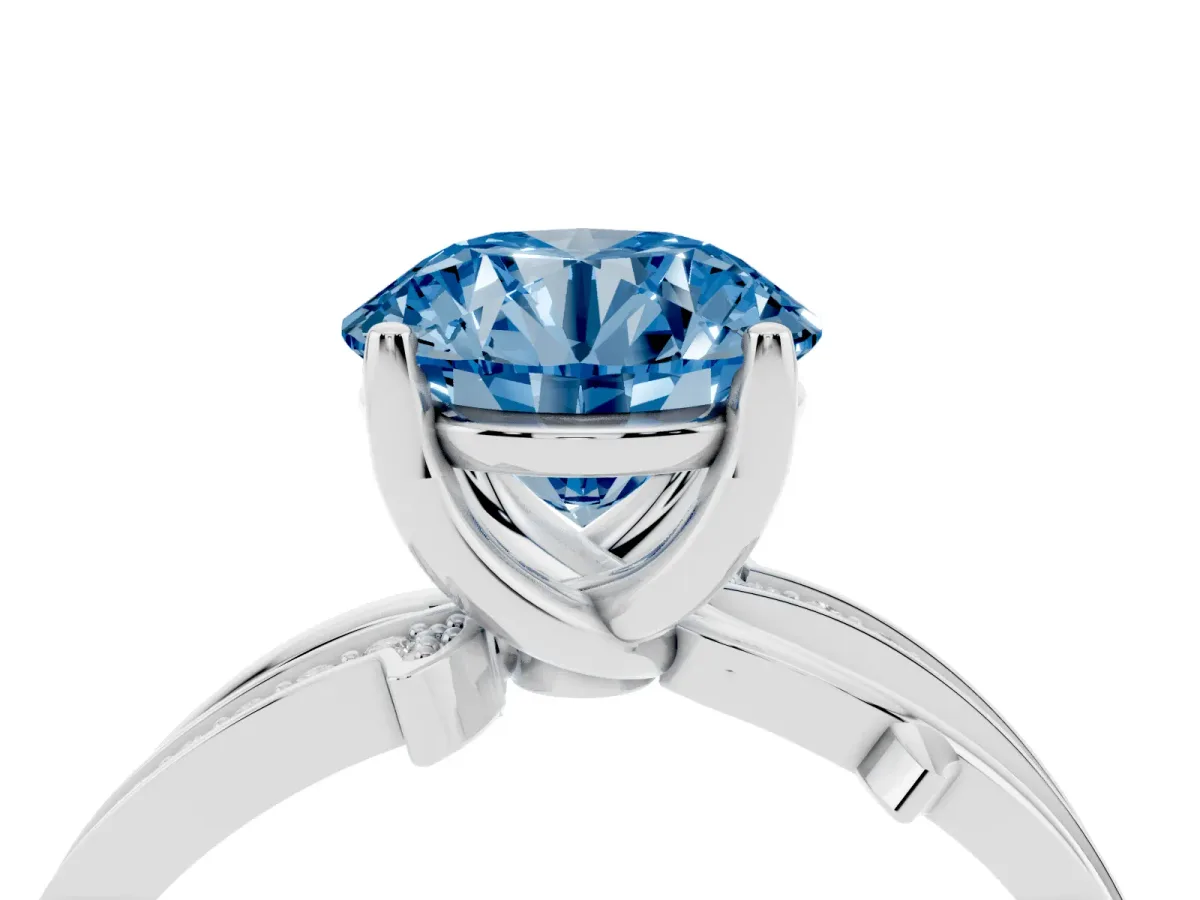 Fancy Blue Round Cut Solitaire Twist Band with Pavé Accents and Four-Prong Setting Platinum