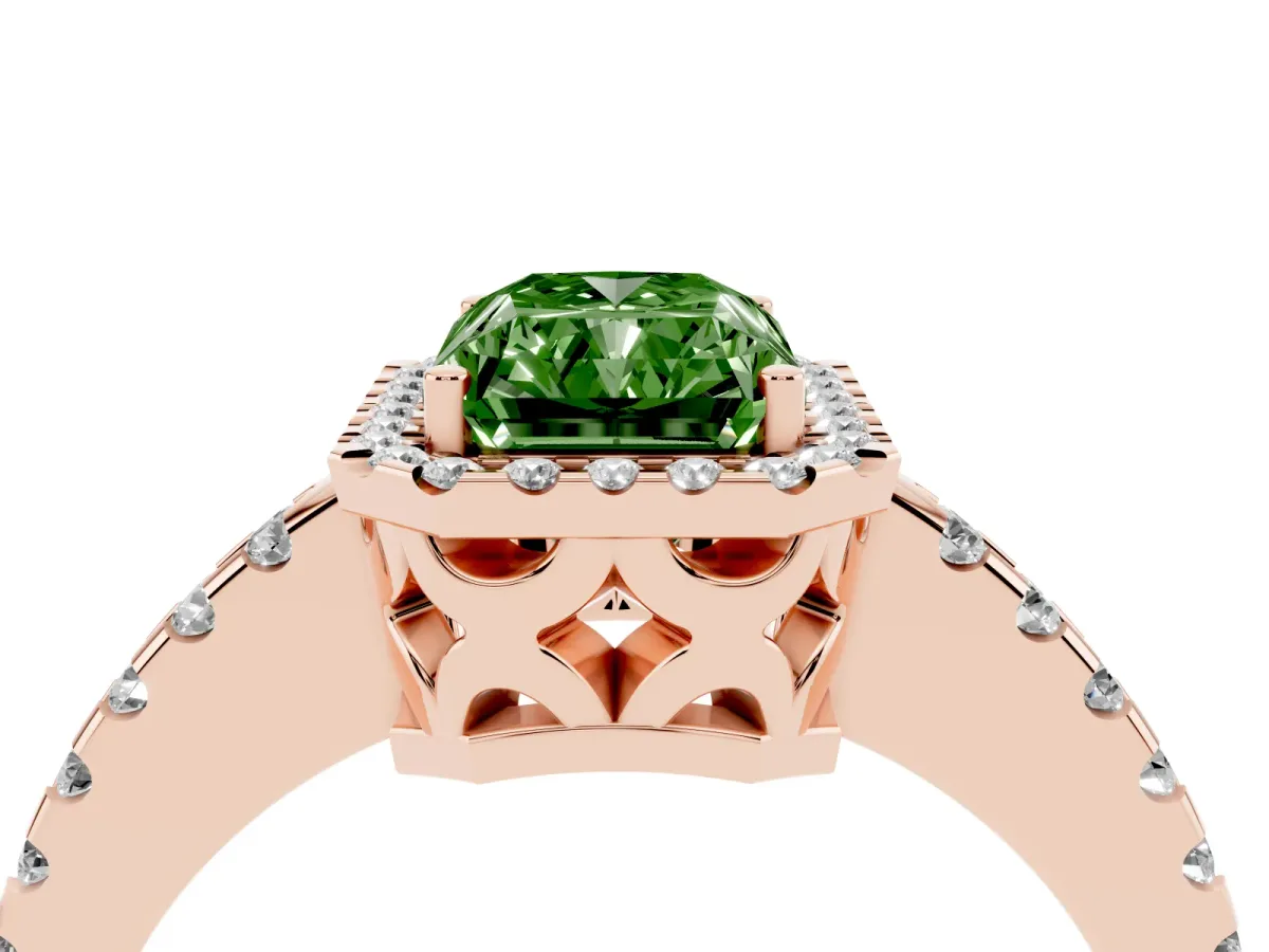 Fancy Green Radiant Cut Diamond Halo Engagement Ring with Pavé Band and Prong Setting Rose gold