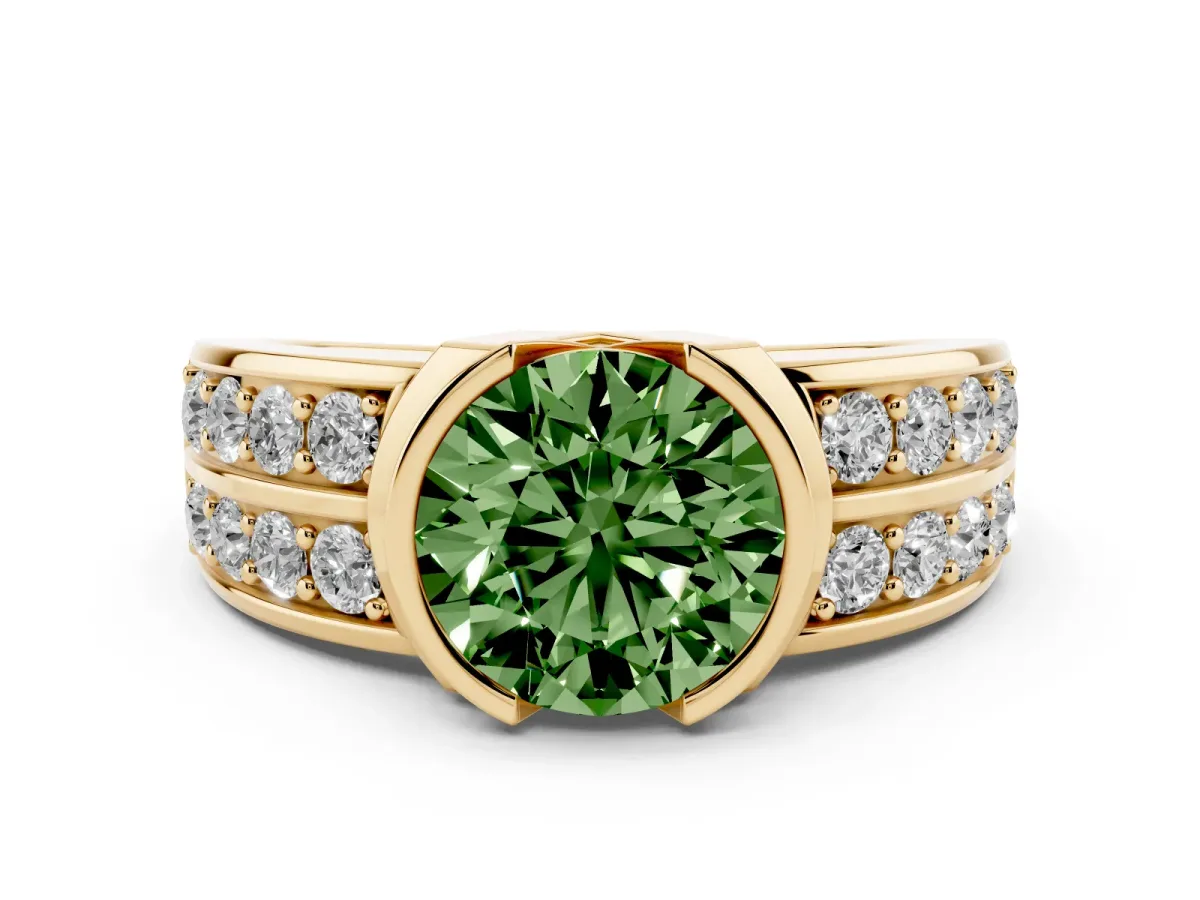 Fancy Green Round Cut Brilliant Diamond Channel Set Wide Band Ring with Bezel Setting Yellow gold