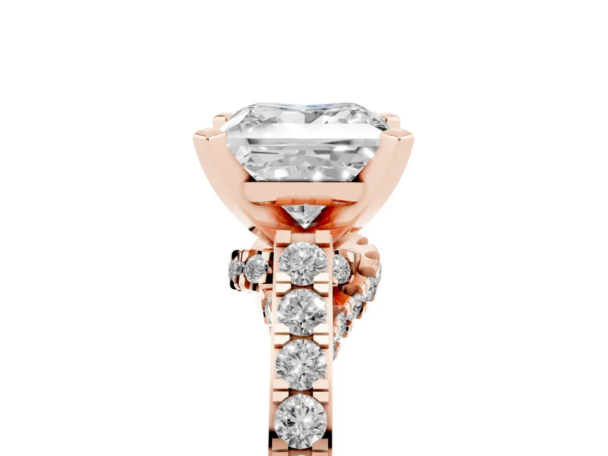 Princess Cut Diamond Solitaire Ring with Crossover Gallery and Round Pavé Band Rose gold