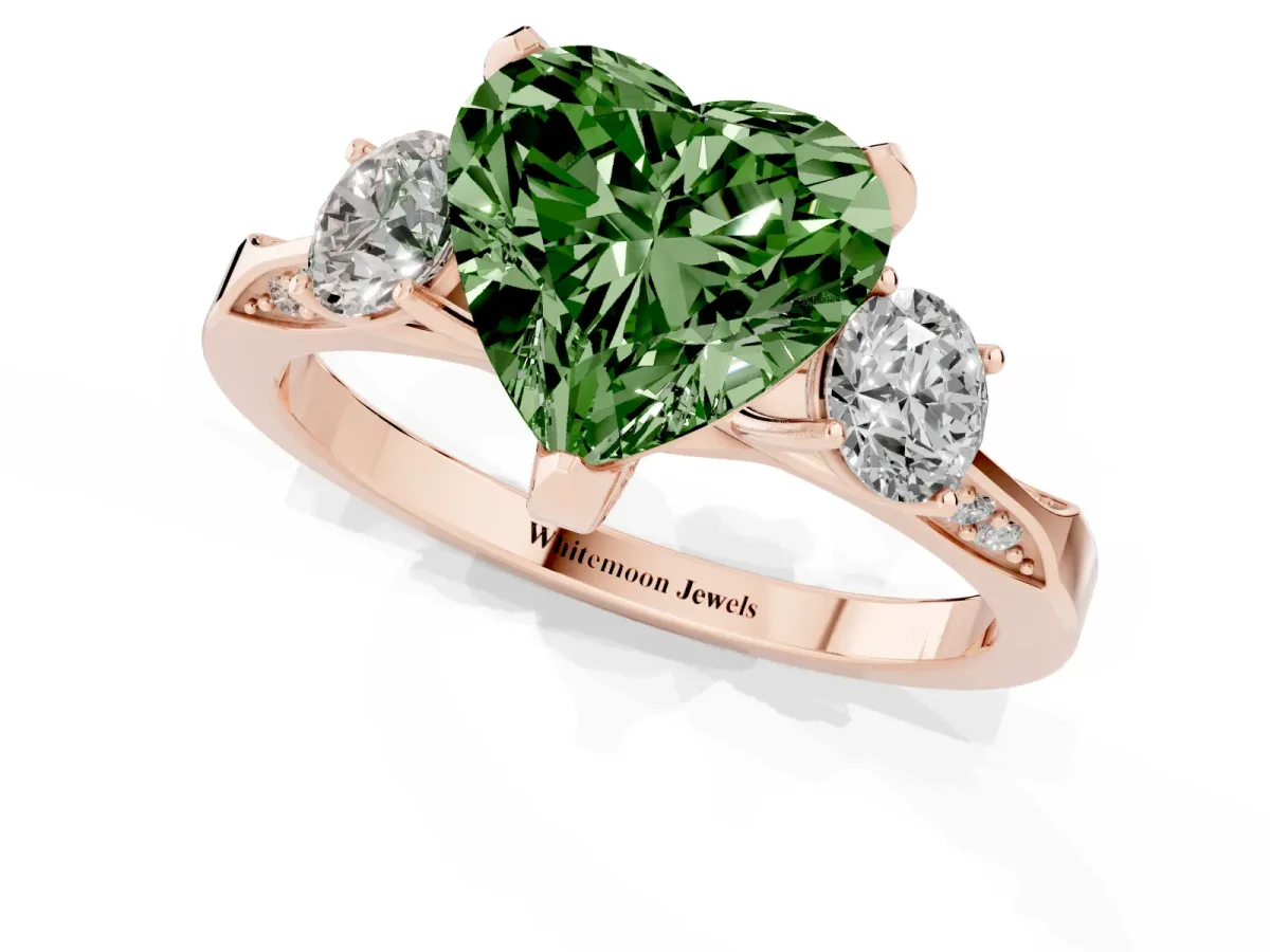 Fancy Green Heart Cut Brilliant Three-Stone Diamond Ring with Pavé Band and Four-Prong Setting Rose gold