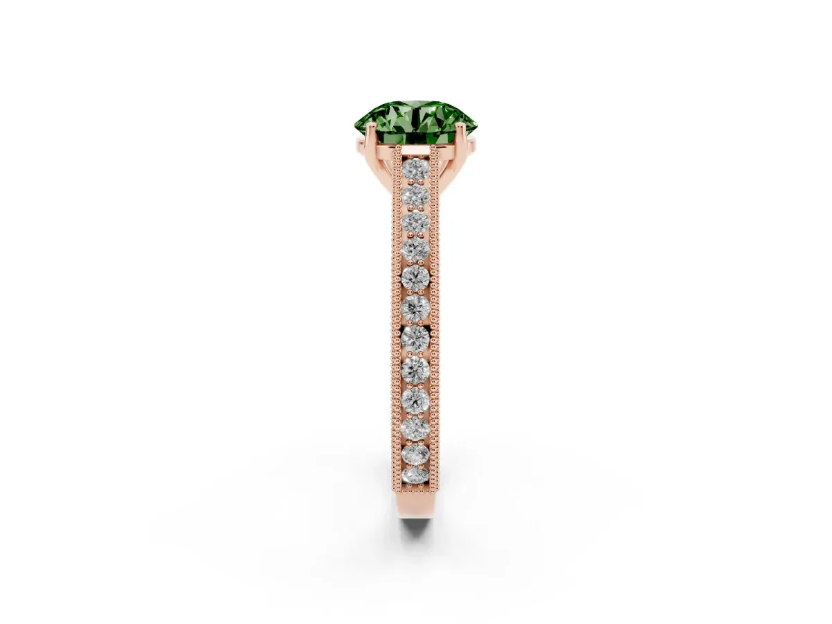 Fancy Green Round Cut Cut Pave Band Milgrain Solitaire Ring Rose gold