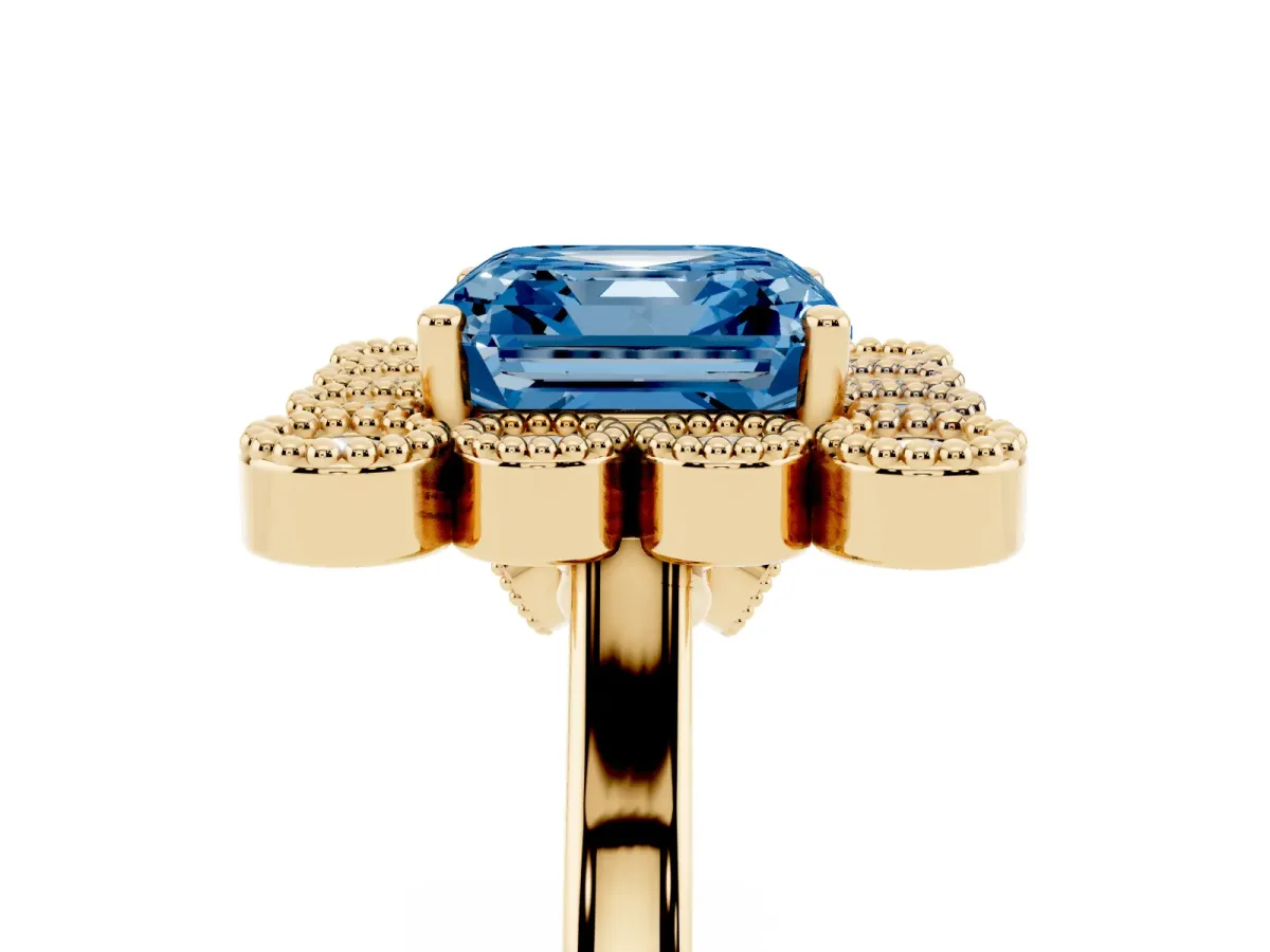 Fancy Blue Asscher Cut Halo Diamond Cluster Engagement Ring with Milgrain Bezel Setting and Solitaire Band Yellow gold