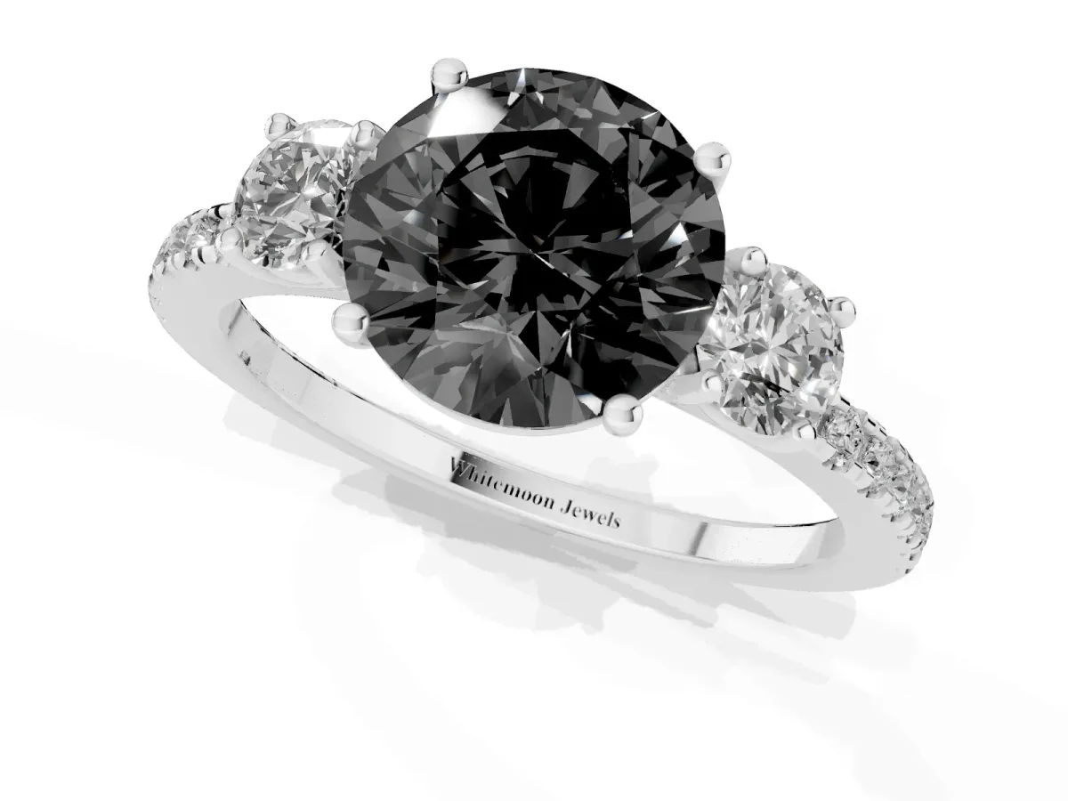 Fancy Black Three-Stone Round Cut Cut Diamond Pavé Band with Prong Setting Silver