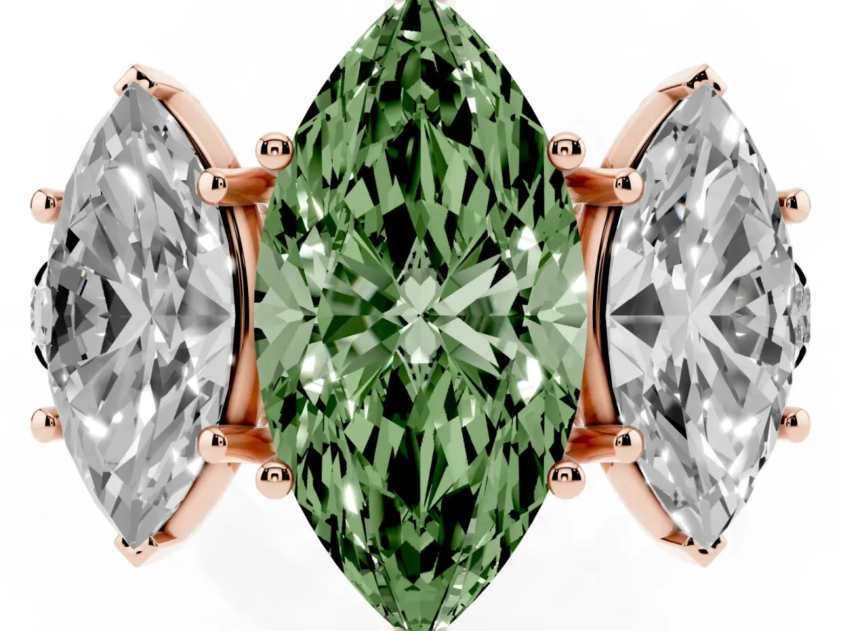 Fancy Green Three-Stone Marquise Cut Diamond Pavé Band with Prong Setting Rose gold