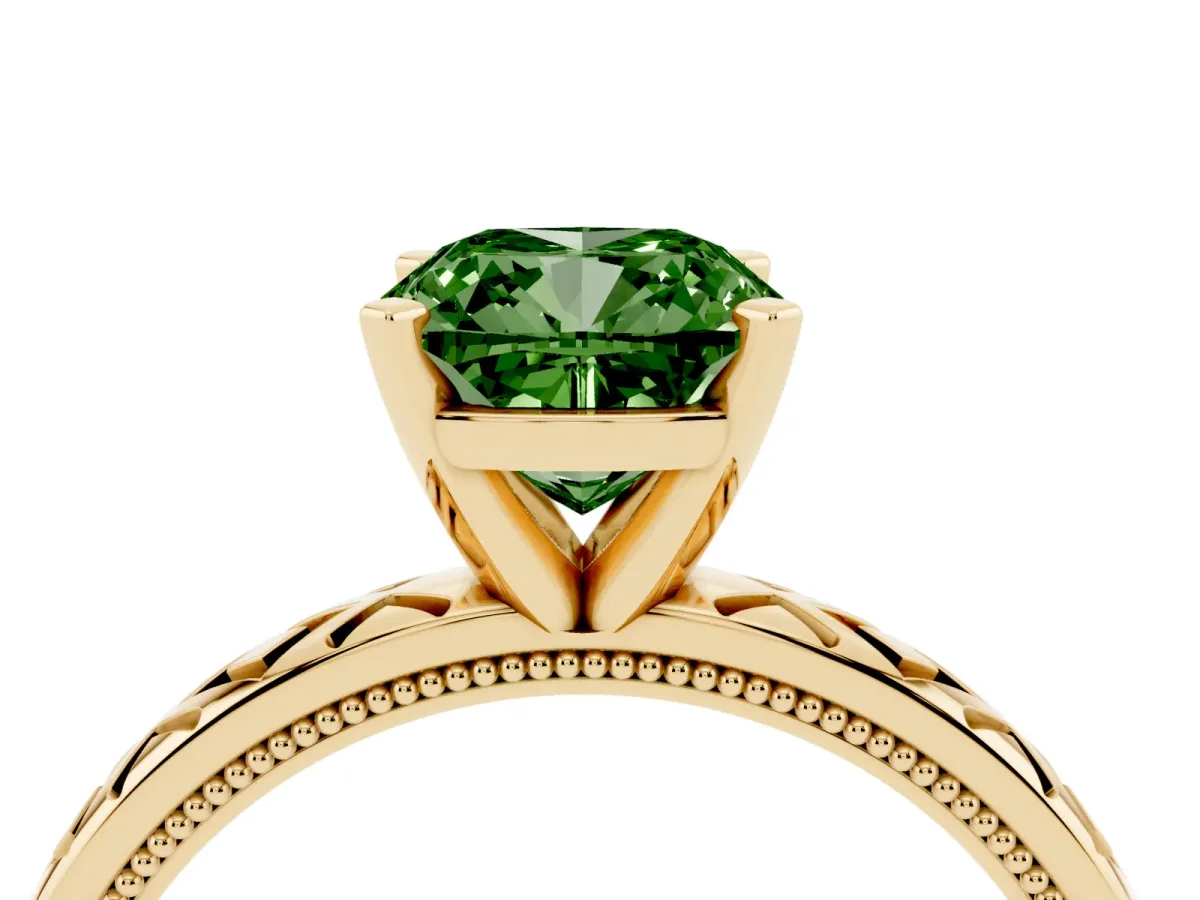 Fancy Green Cushion Cut Solitaire Diamond Ring with Milgrain and Black Enamel X Pattern Band Yellow gold