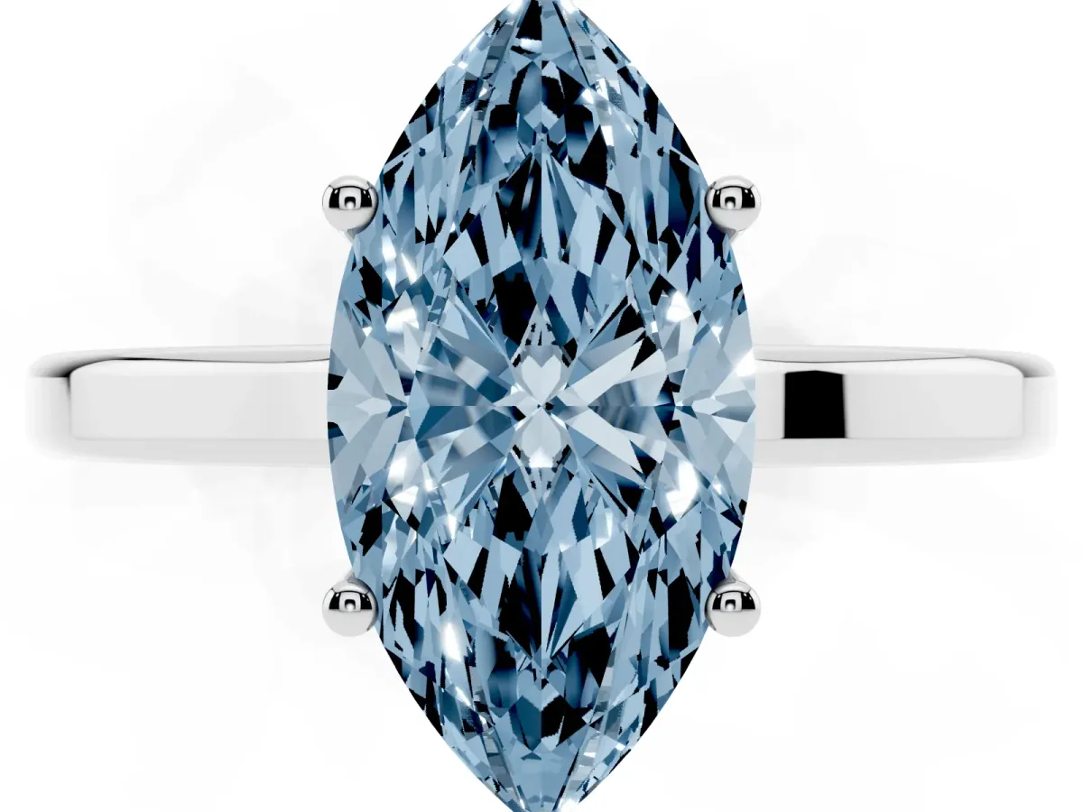 Fancy Blue Marquise Cut Cut Solitaire Engagement Ring with Four-Prong Setting on a Classic Band Silver