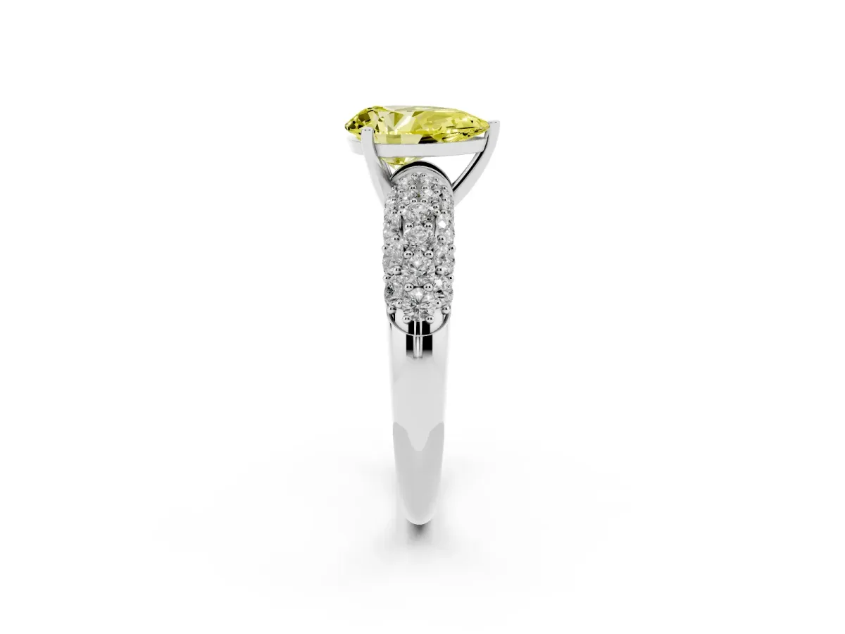 Fancy Yellow Pear Cut Diamond Pavé Band Solitaire Ring with Four-Prong Setting White gold