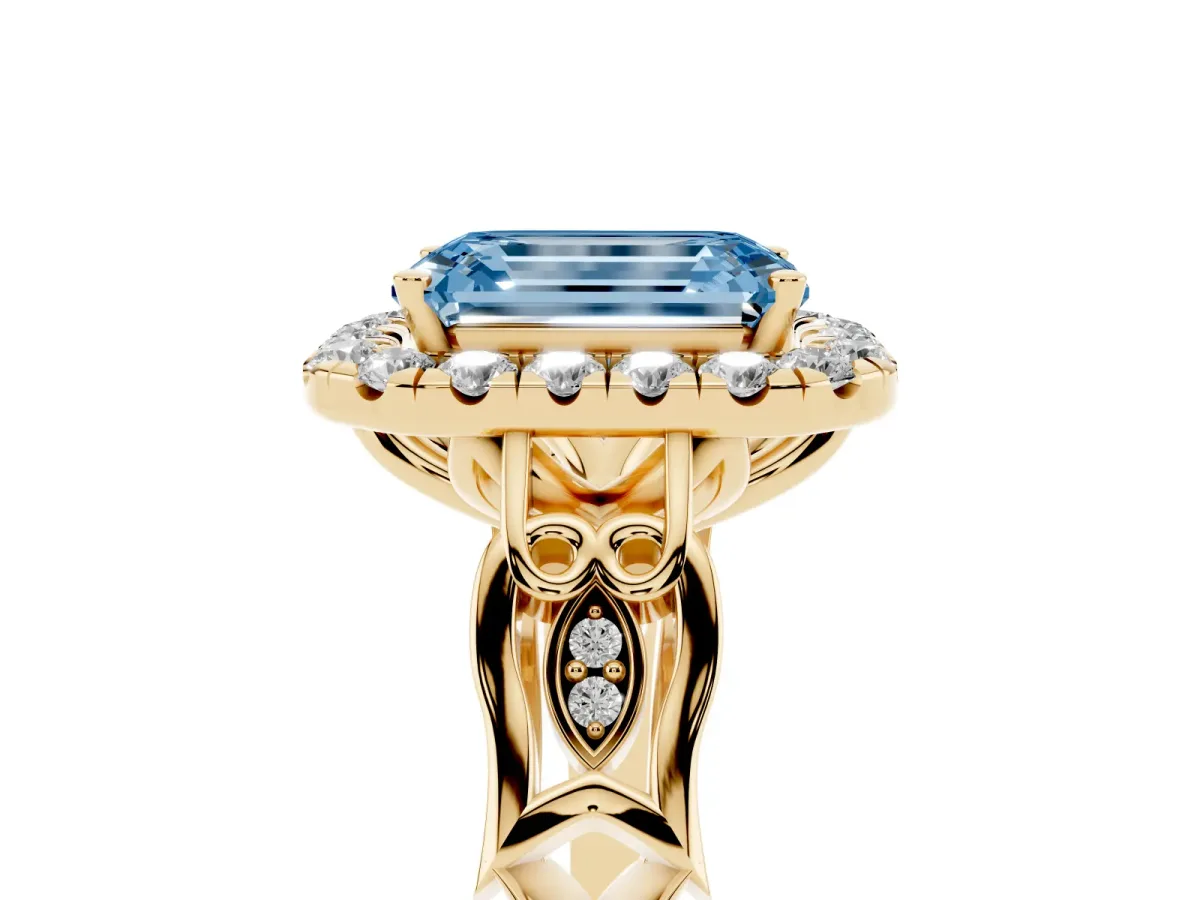 Fancy Blue Emerald Cut Halo Diamond Engagement Ring with Filigree Band and Four-Prong Setting Yellow gold