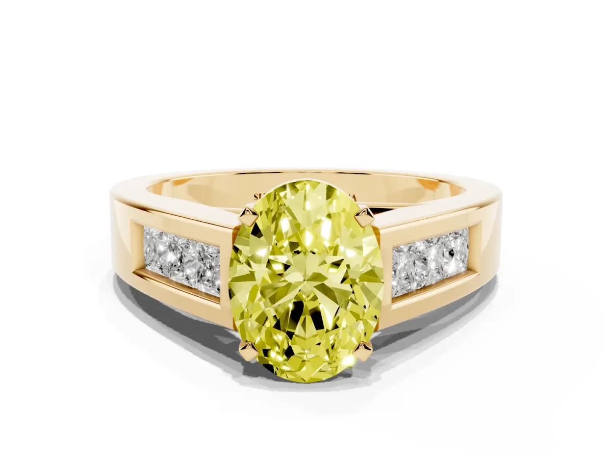 Fancy Yellow Oval Cut Cut Channel Set Solitaire Ring with Four-Prong Setting Yellow gold
