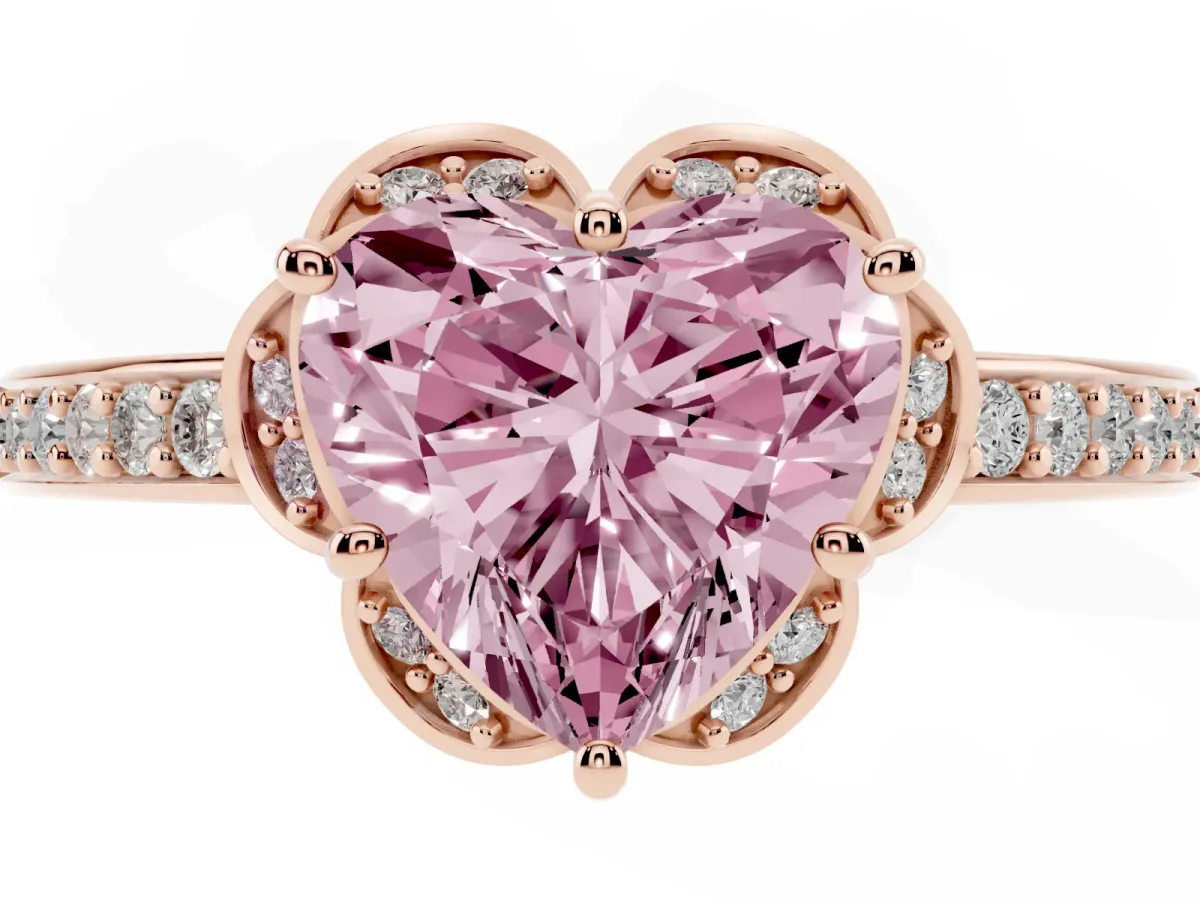 Fancy Pink Heart Cut Cut Halo Diamond Ring with Channel Set Band and Four-Prong Setting Rose gold