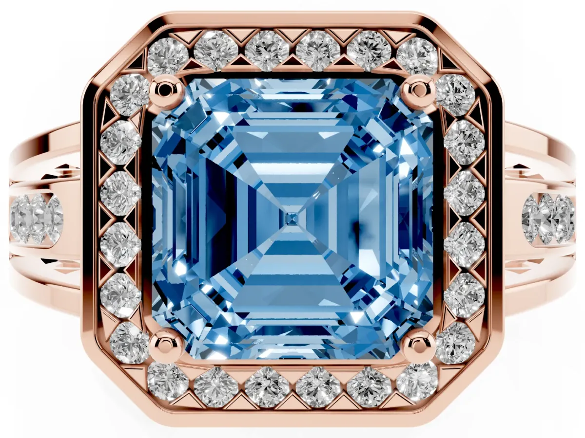 Fancy Blue Asscher Cut Diamond Halo Ring with Split Shank and Bezel Accents and Prong Setting Rose gold