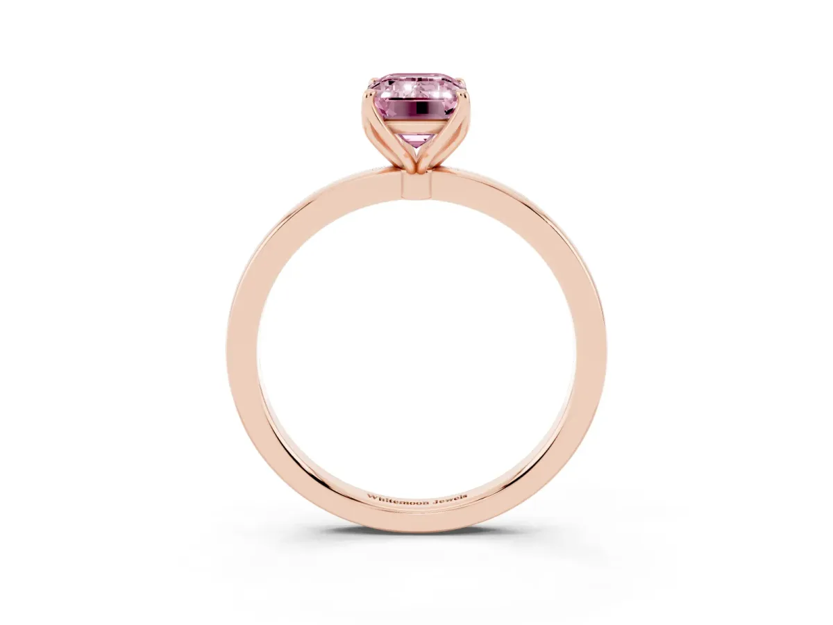 Fancy Pink Emerald Cut Diamond Solitaire Ring with Thin Band and Prong Setting Rose gold