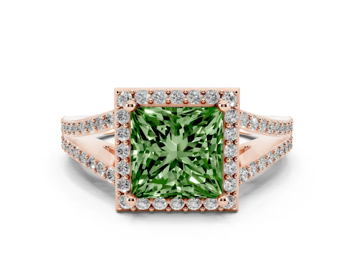 Fancy Green Princess Cut Halo Split Shank Pave Diamond Ring with Four-Prong Setting Rose gold