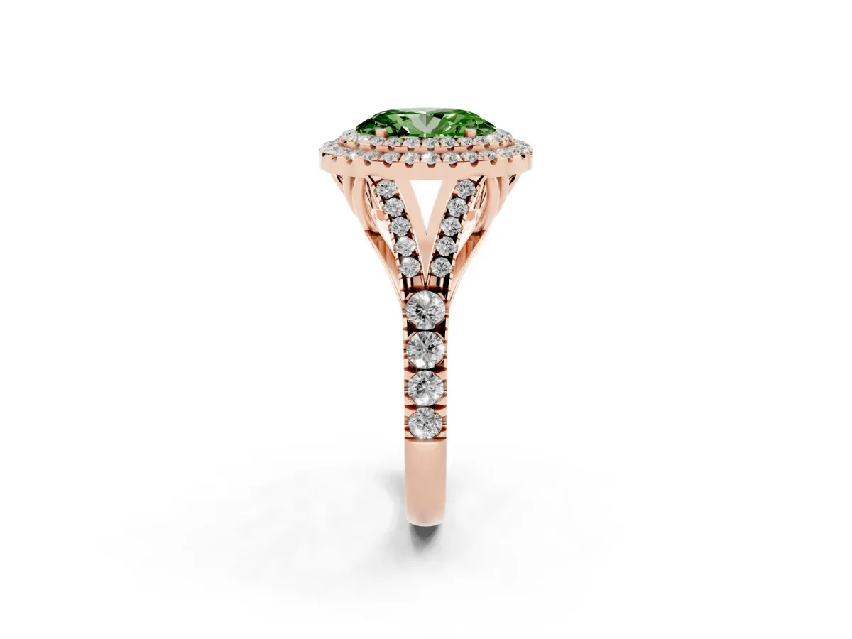 Fancy Green Double Halo Oval Cut Diamond Split Shank Engagement Ring with Four-Prong Setting Rose gold