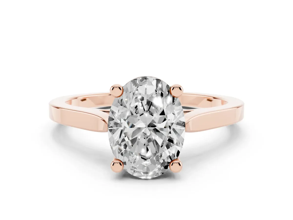 Oval Cut Solitaire Diamond Ring with Four-Prong Setting and Tapered Band Rose gold