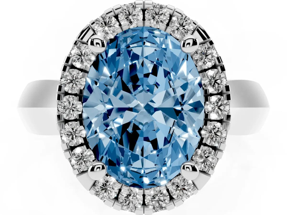 Fancy Blue Oval Cut Cut Halo Solitaire Engagement Ring with Square Band and Four-Prong Setting Silver