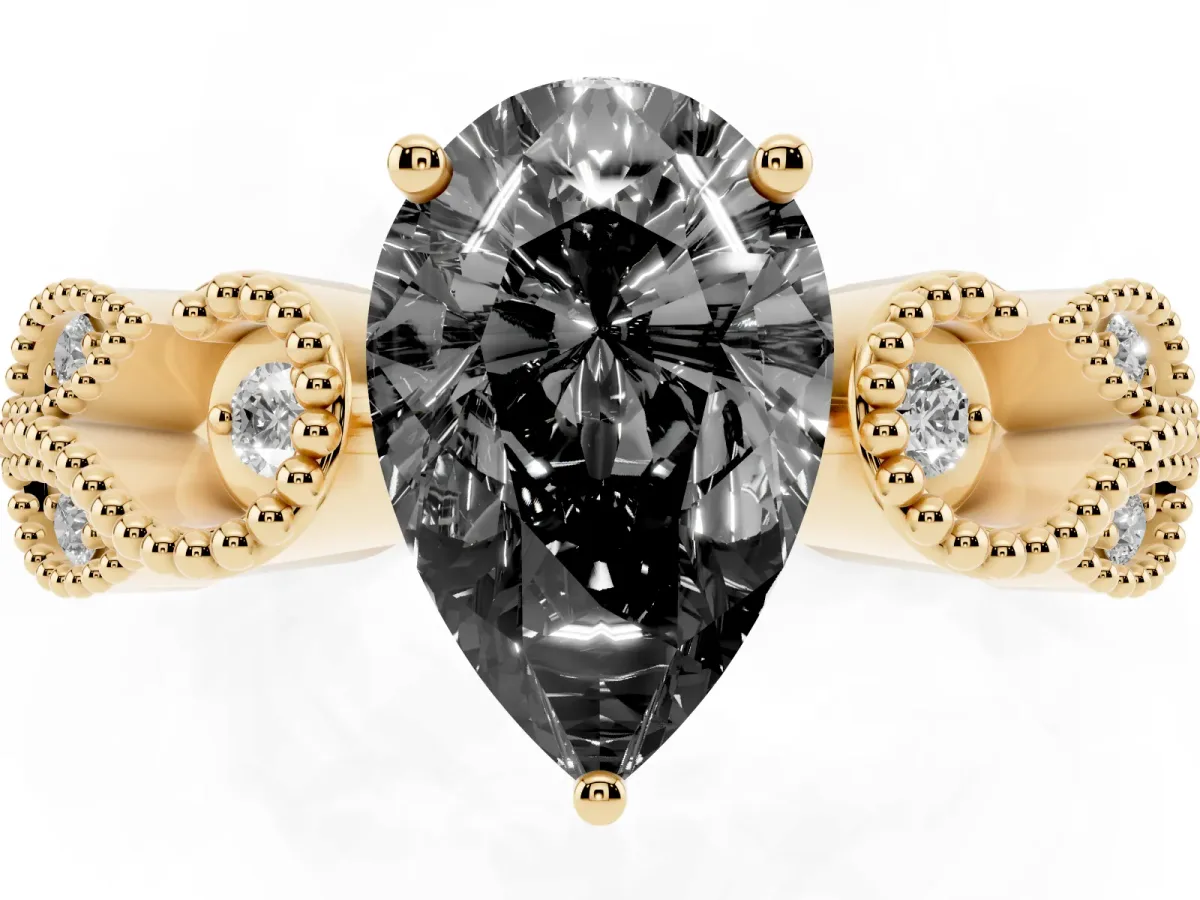 Fancy Black Pear Cut Solitaire Milgrain Leaf Band with Prong Setting Yellow gold