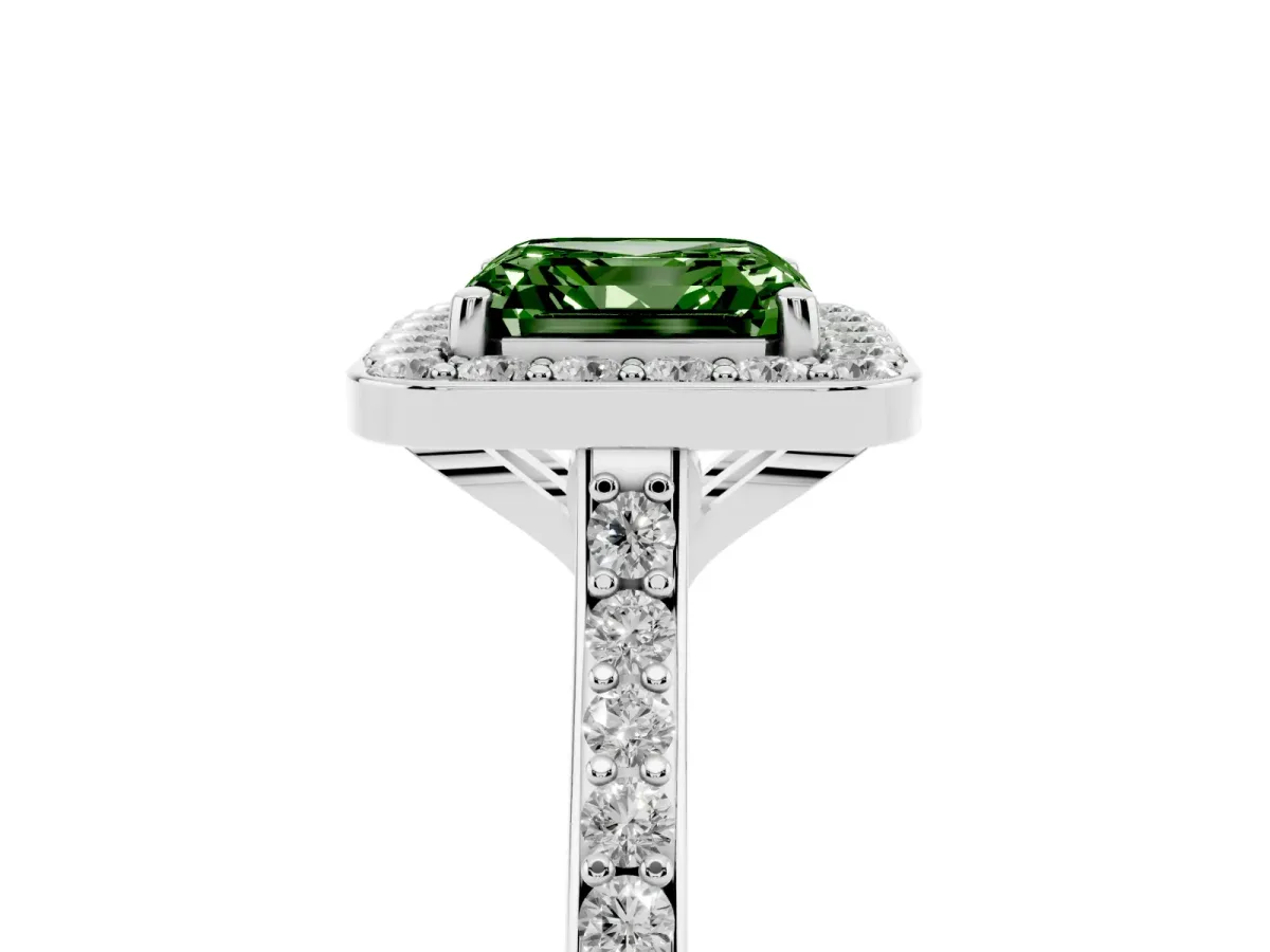 Fancy Green Asscher Cut Diamond Halo Engagement Ring with Round Pavé Shoulders and Prong Setting Silver