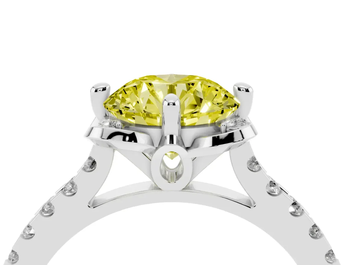 Fancy Yellow Round Cut Diamond Ring with Pavé Band and Floral Prong Setting White gold
