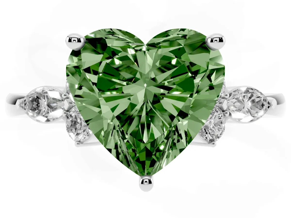 Fancy Green Heart Cut Brilliant Diamond Solitaire Ring with Pear Side Stones and Four-Prong Setting Silver
