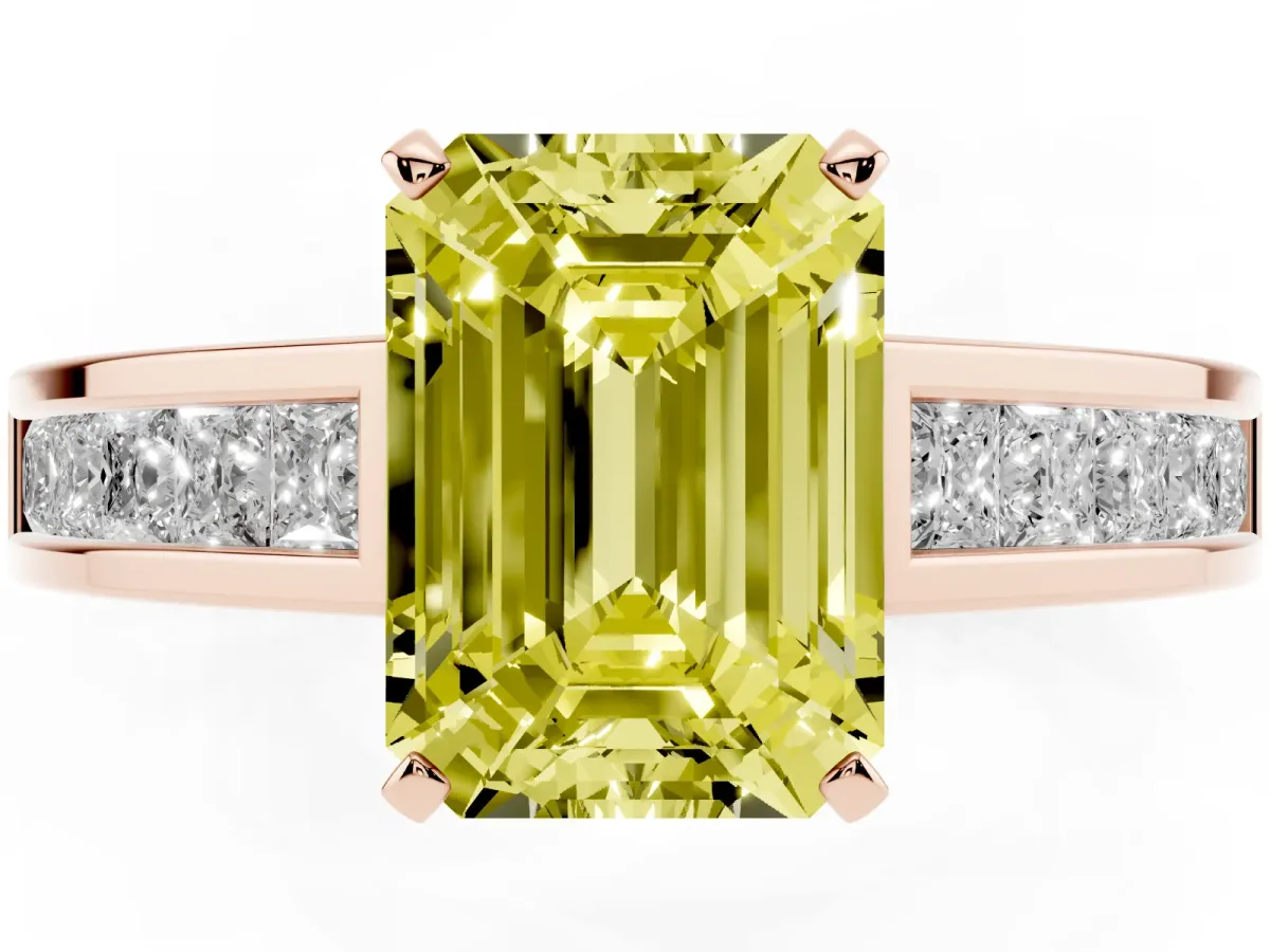 Fancy Yellow Emerald Cut Solitaire Diamond Ring with Channel-Set Band and Four-Prong Setting Rose gold