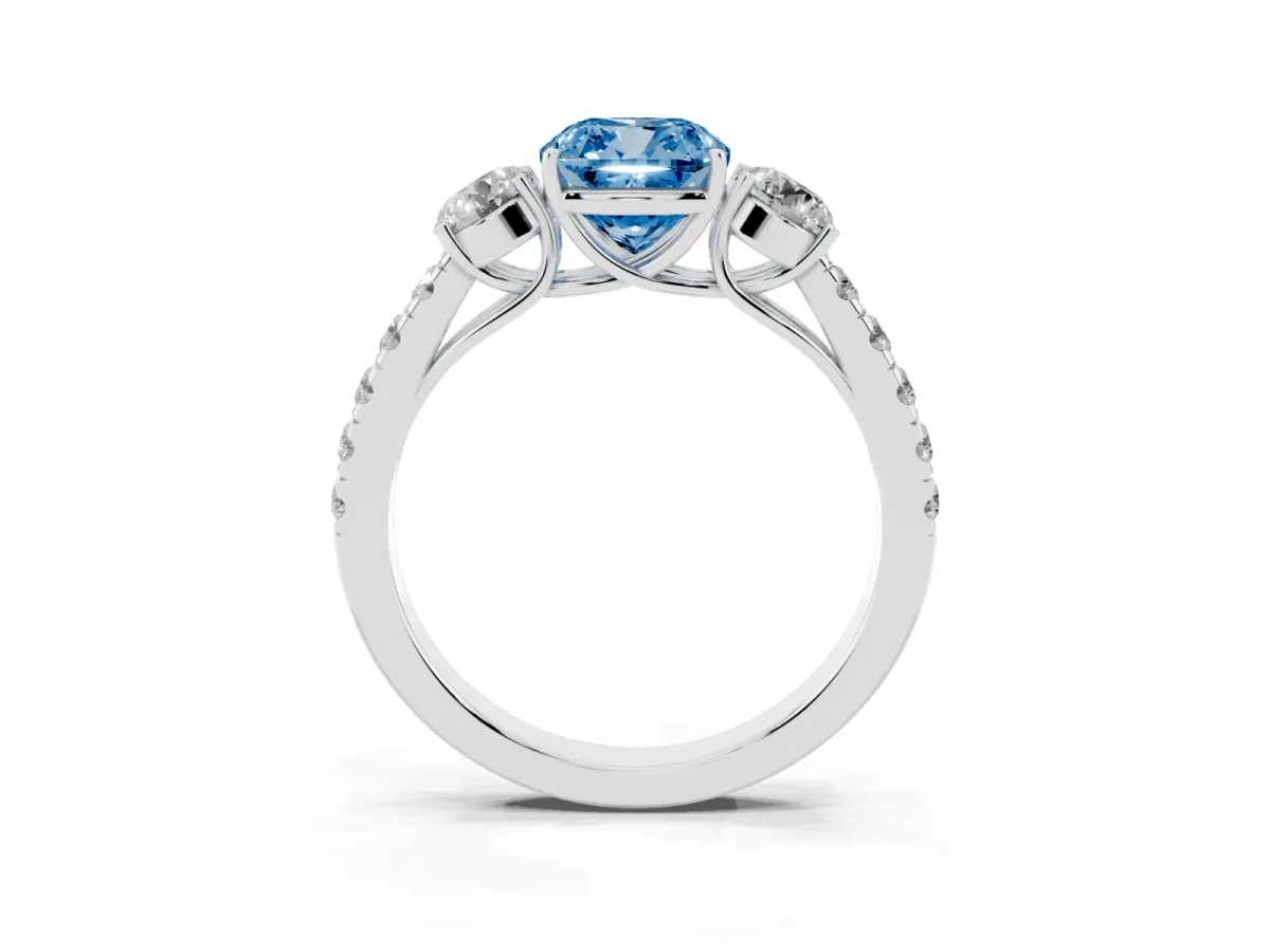 Fancy Blue Cushion Cut Cut Diamond Three-Stone Ring with Round Side Stones and Pavé Band Silver