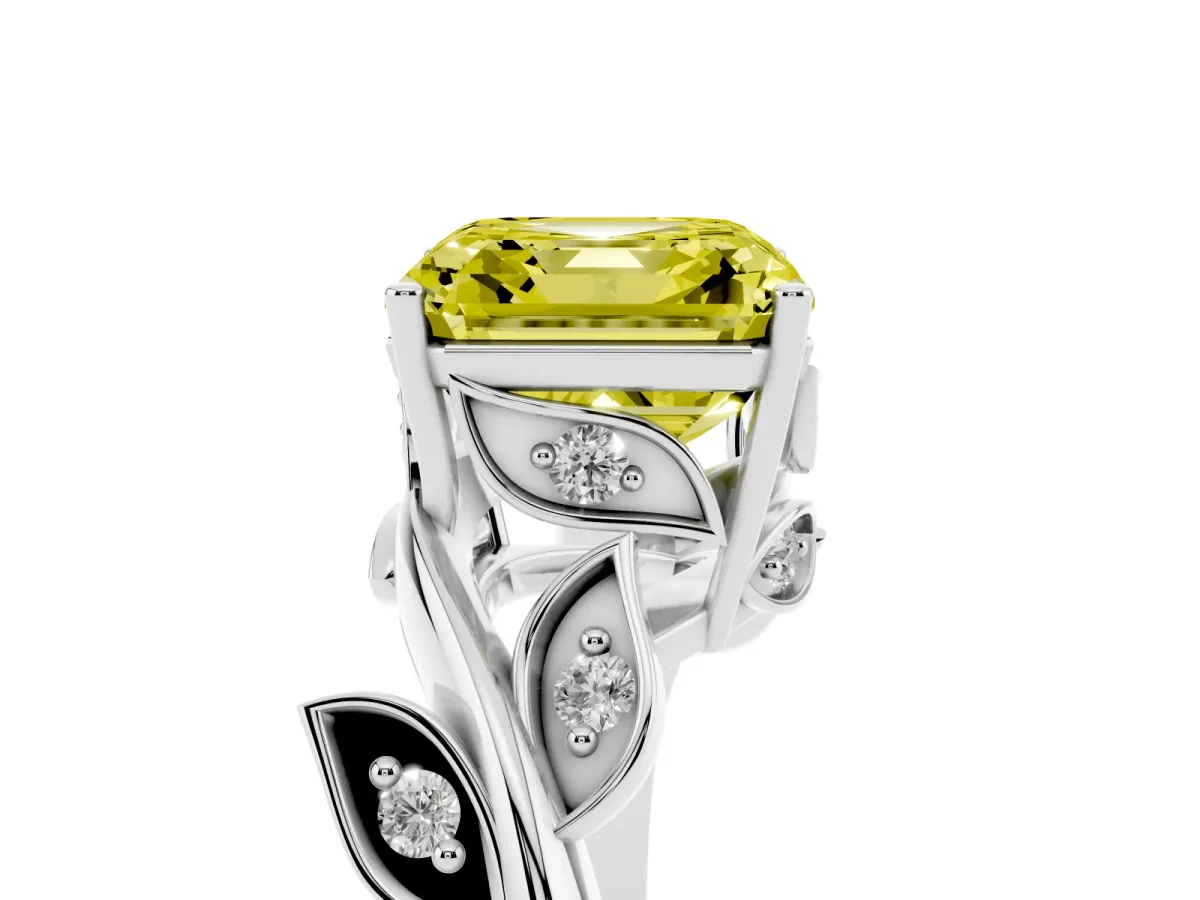 Fancy Yellow Asscher Cut Solitaire Twist Engagement Ring with Leaf Accents and Prong Setting Platinum