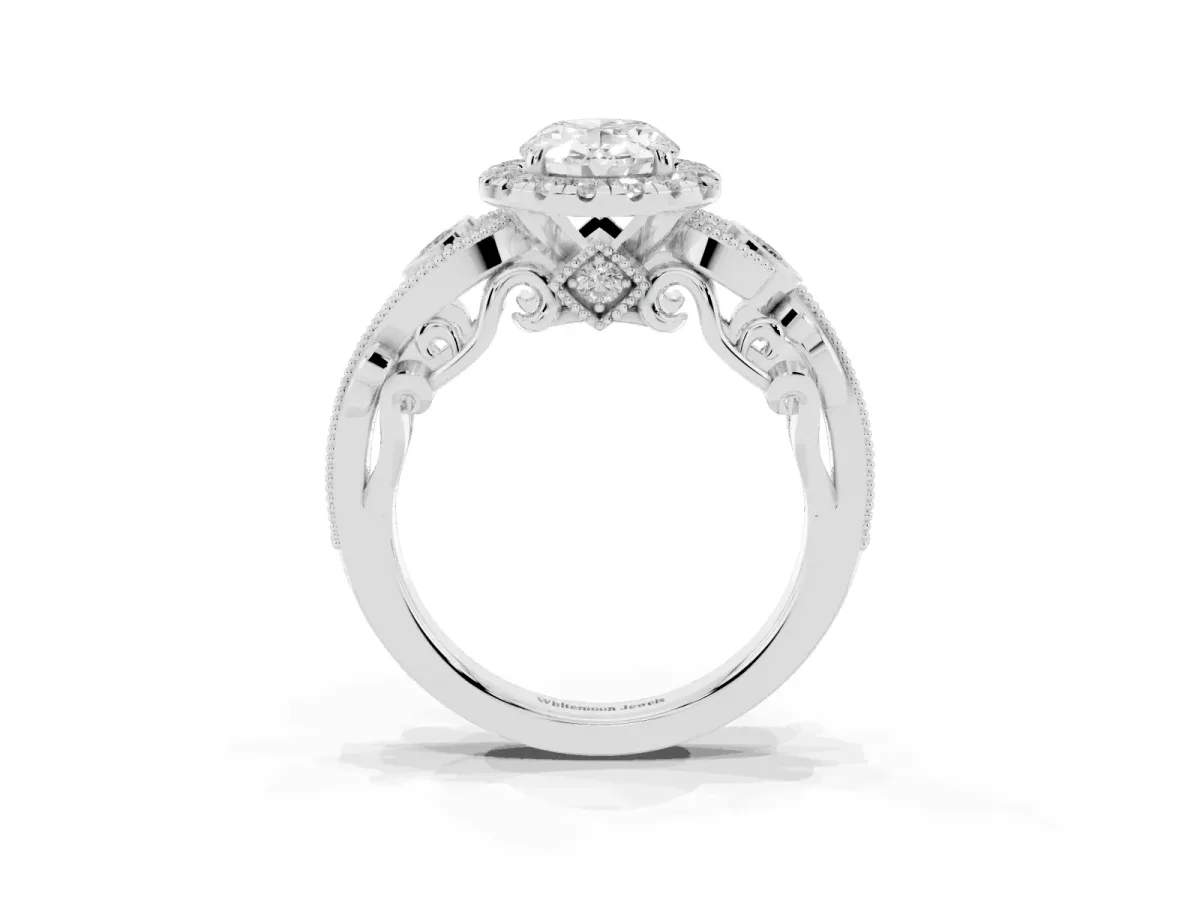 Oval Cut Halo Diamond Ring with Milgrain and Bezel Accents on a Split Shank Band Silver