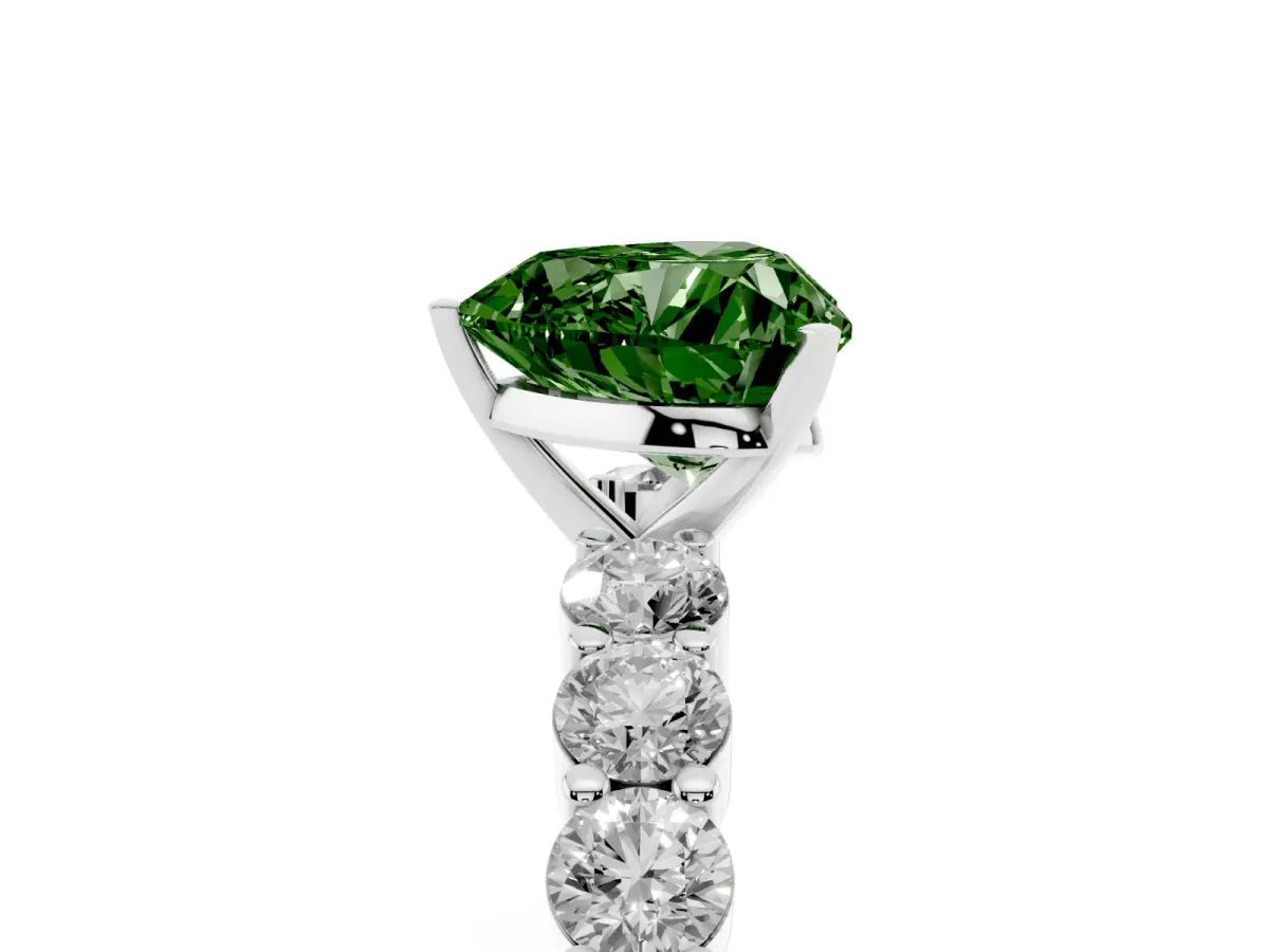 Fancy Green Heart Cut Diamond Solitaire Ring with Shared Prong Round Side Stones Platinum