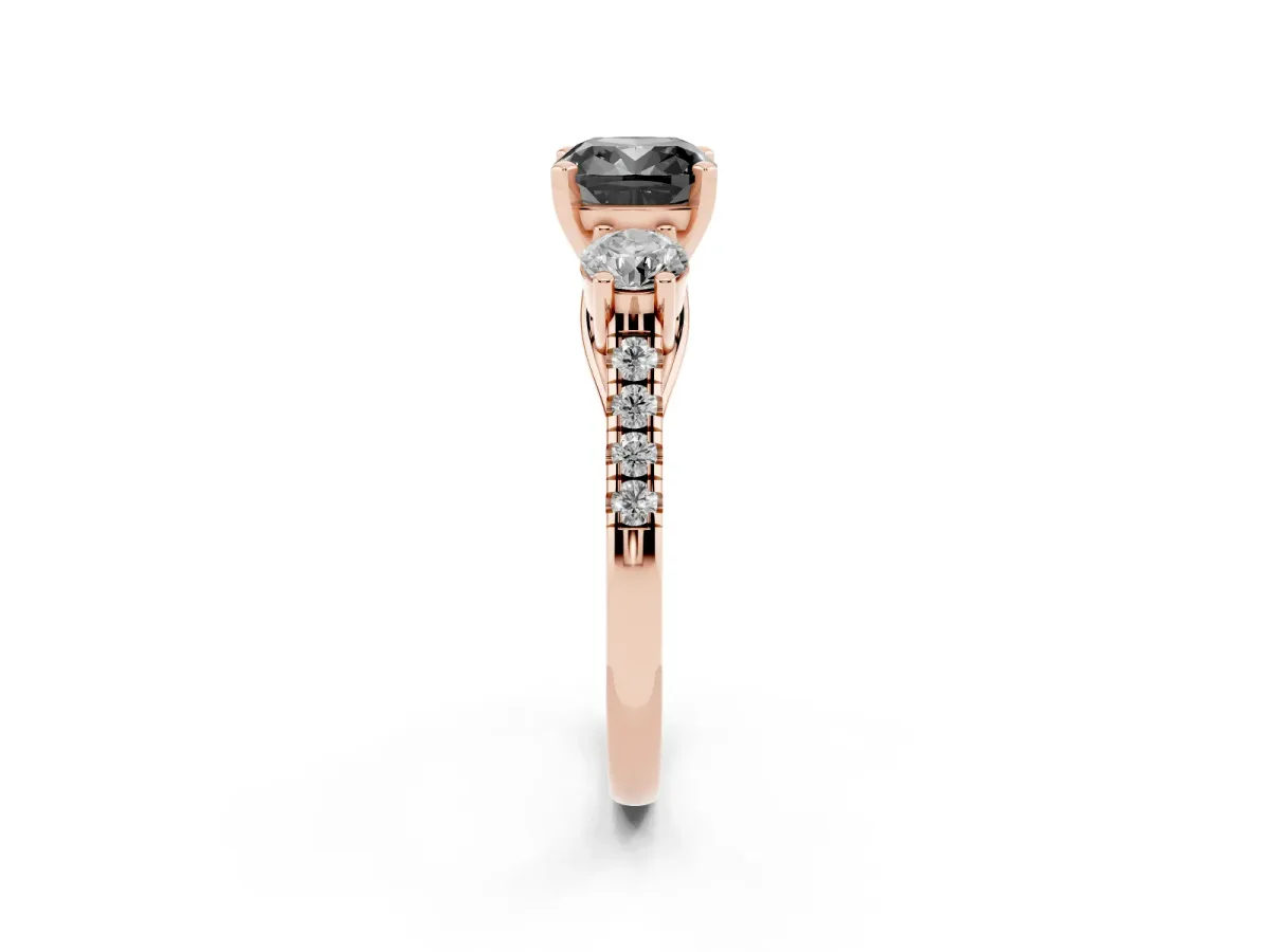 Fancy Black Three-Stone Cushion Cut Diamond Pavé Band with Four-Prong Setting Rose gold