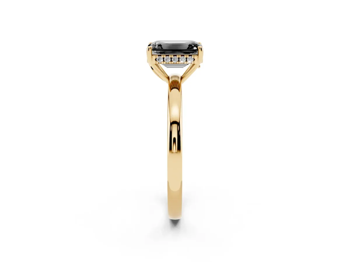 Fancy Black Emerald Cut Solitaire Diamond Ring with Prong Setting and Plain Band Yellow gold