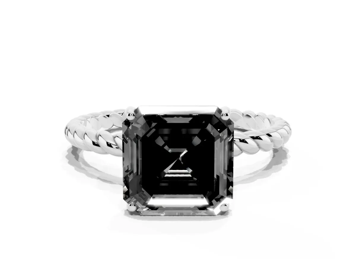 Fancy Black Asscher Cut Solitaire Twisted Band 4-Prong Ring Silver