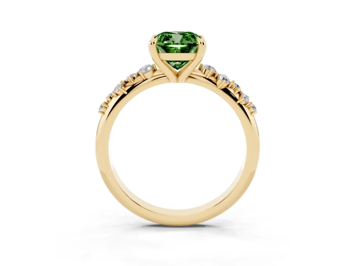 Fancy Green Cushion Cut Cut Diamond Vine Band with Four-Prong Setting Yellow gold