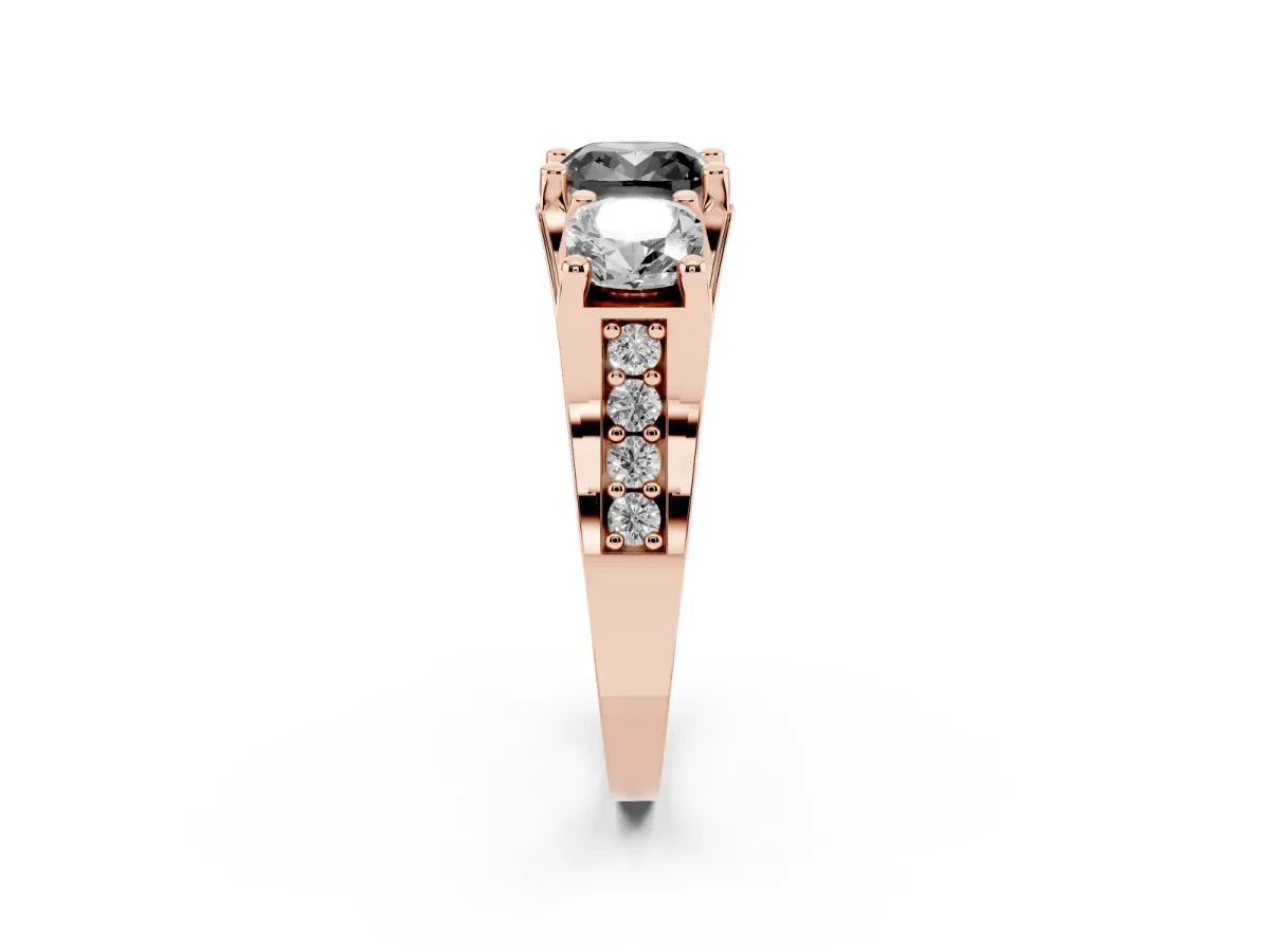 Fancy Black Cushion Cut Diamond Three-Stone Ring with Channel Set Band and Four-Prong Setting Rose gold