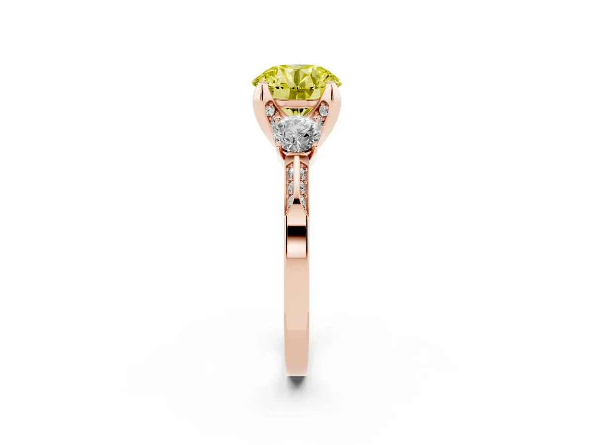 Fancy Yellow Round Cut Brilliant Three-Stone Diamond Ring with Pavé Band and Four-Prong Setting Rose gold