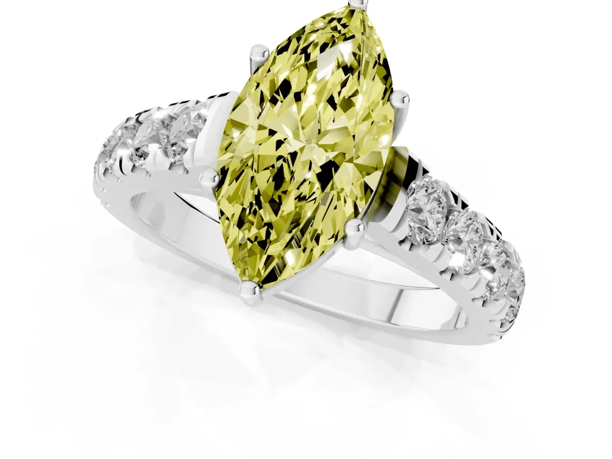 Fancy Yellow Marquise Cut Cut Diamond Solitaire Ring with Micro Pave Band and Prong Setting Silver