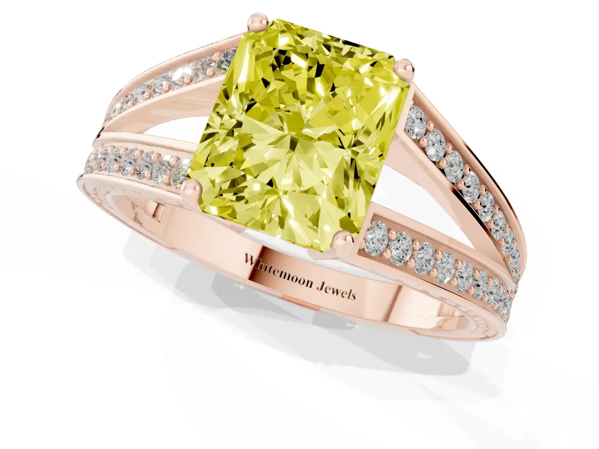 Fancy Yellow Radiant Cut Diamond Split Shank Ring with Pavé Band and Four-Prong Setting Rose gold