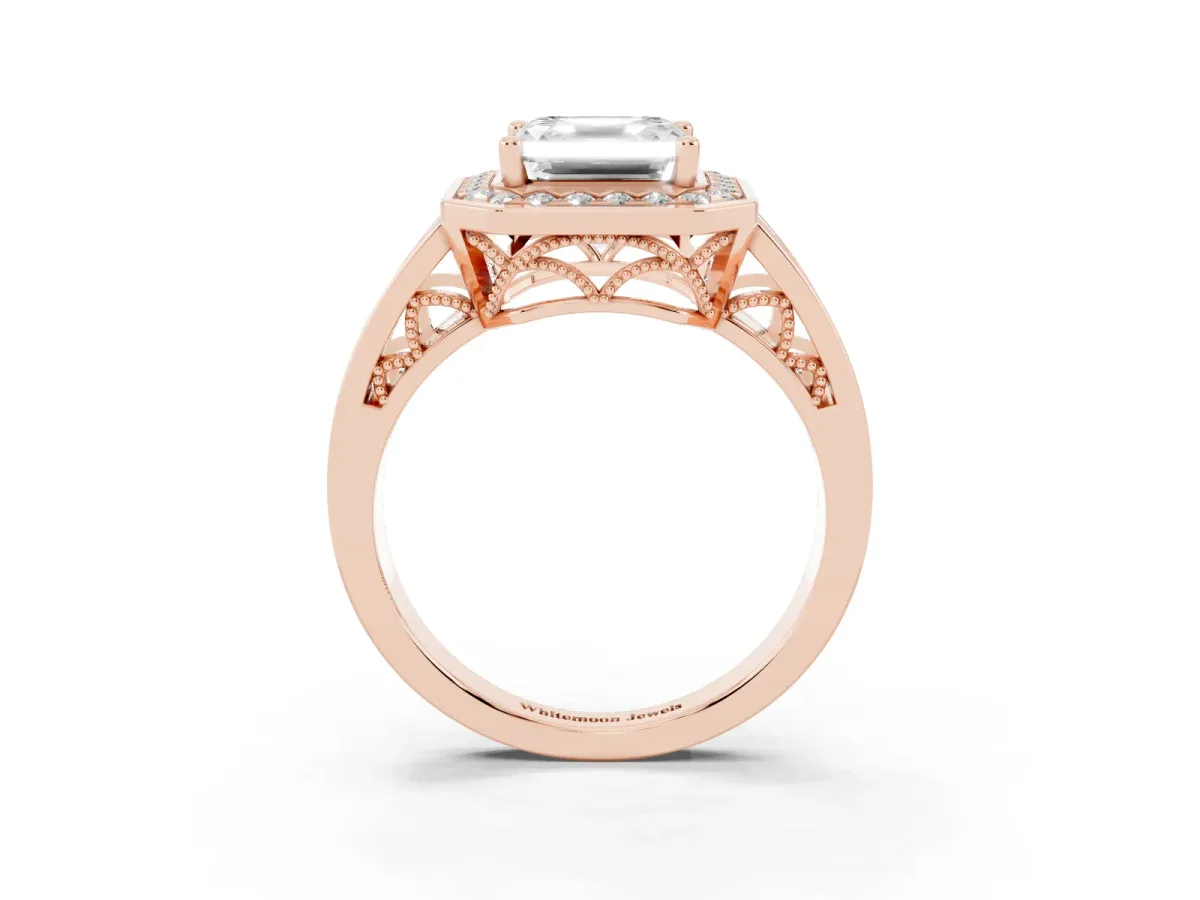 Asscher Cut Diamond Halo Ring with Split Shank and Bezel Accents and Prong Setting Rose gold