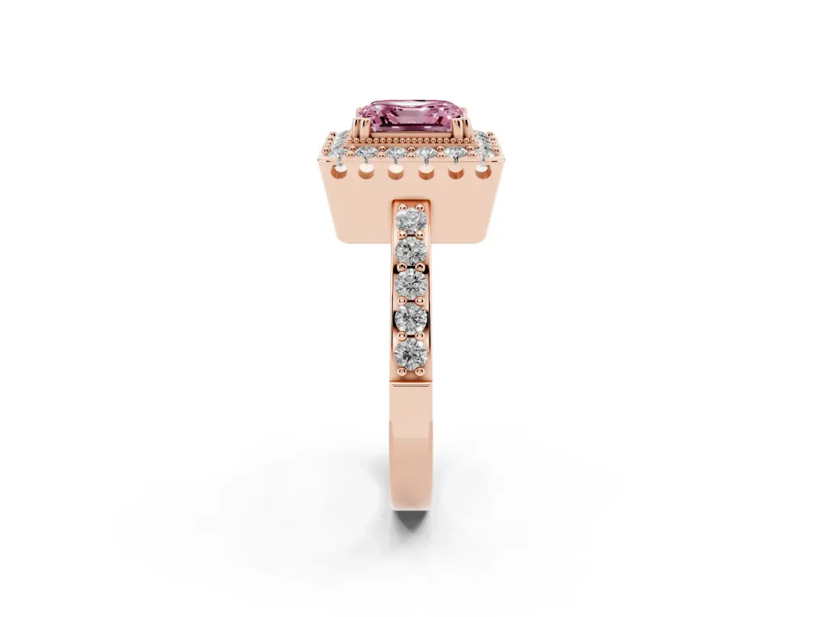 Fancy Pink Asscher Cut Diamond Halo Ring with Pavé Band and Prong Setting Rose gold