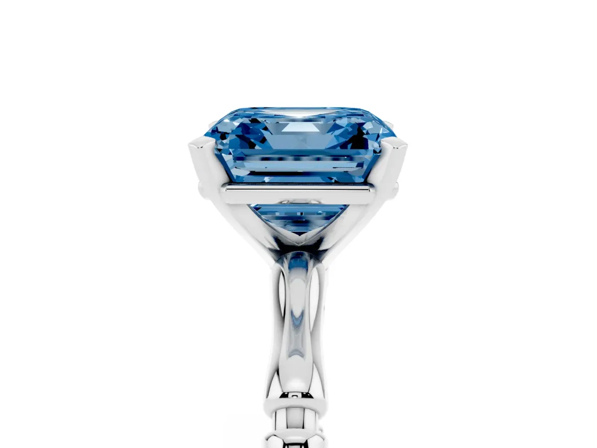 Fancy Blue Asscher Cut Solitaire Diamond Ring with Bamboo Band and Four-Prong Setting Platinum
