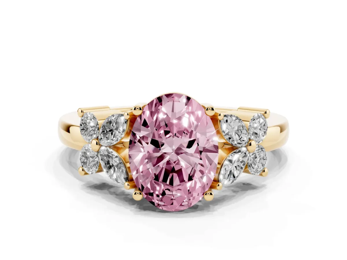 Fancy Pink Oval Cut Diamond Floral Cluster Ring with Solitaire Band and Prong Setting Yellow gold