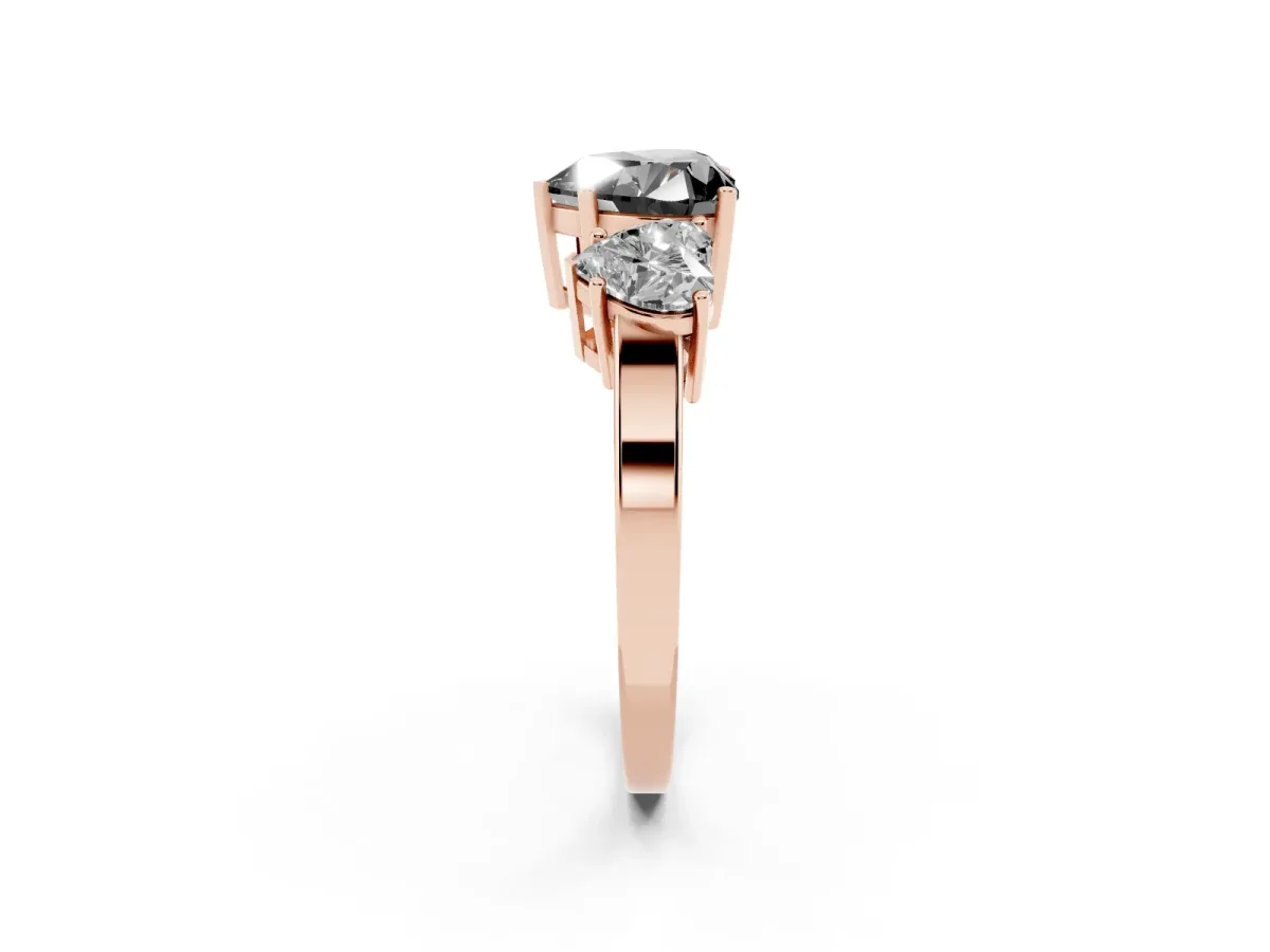 Fancy Black Three-Stone Heart Cut Cut Diamond Engagement Ring with Flat Band and Four-Prong Setting Rose gold