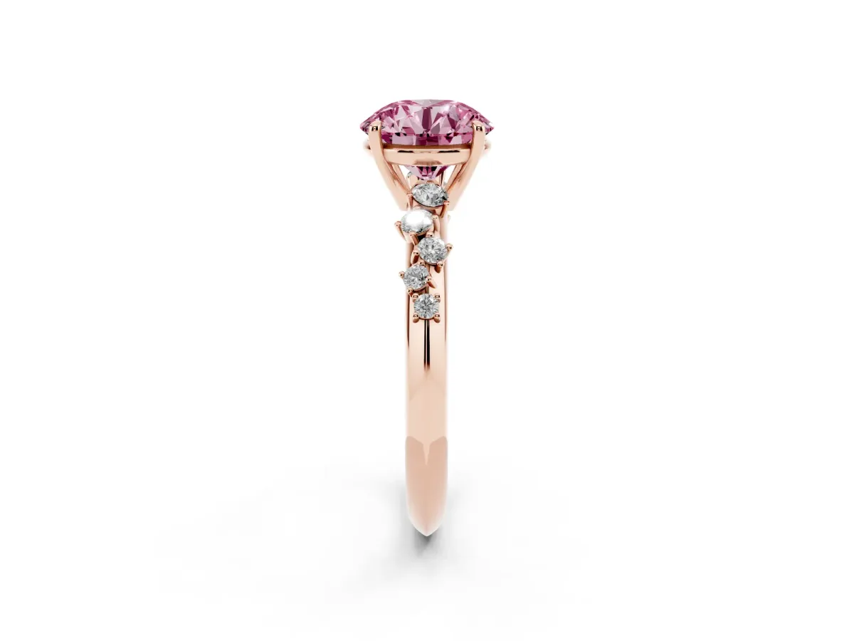 Fancy Pink Round Cut Diamond Cluster Side Stone Solitaire Ring with Prong Setting Rose gold