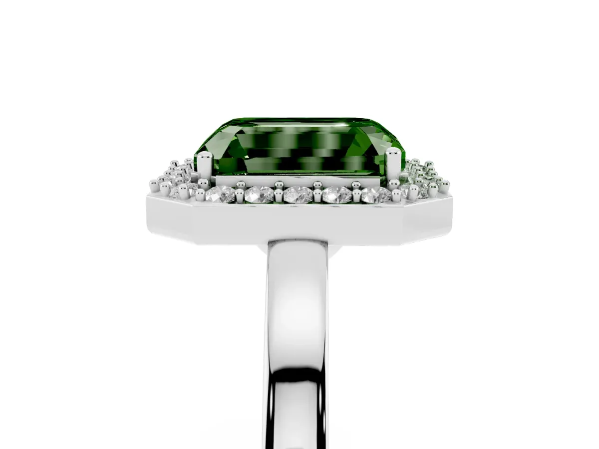 Fancy Green Radiant Cut Halo Diamond Ring with Solitaire Band and Prong Setting White gold