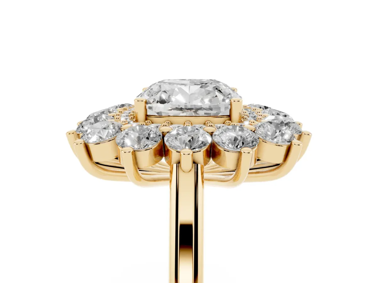 Cushion Cut Diamond Floral Double Halo Engagement Ring with Prong Setting Yellow gold
