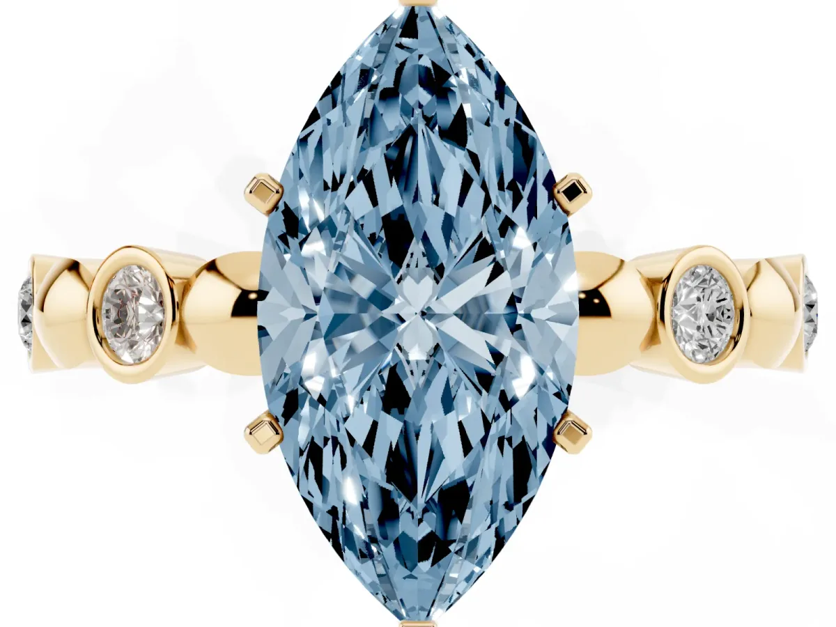 Fancy Blue Marquise Cut Solitaire Bezel-Set Diamond Ring with Beaded Band and Four-Prong Setting Yellow gold