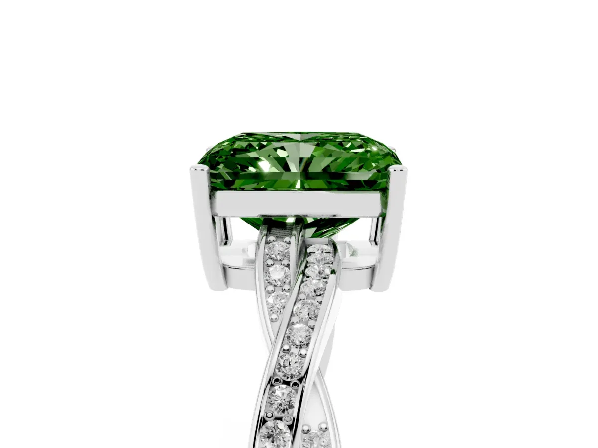 Fancy Green Radiant Cut Solitaire Twisted Pave Diamond Ring with Four-Prong Setting White gold