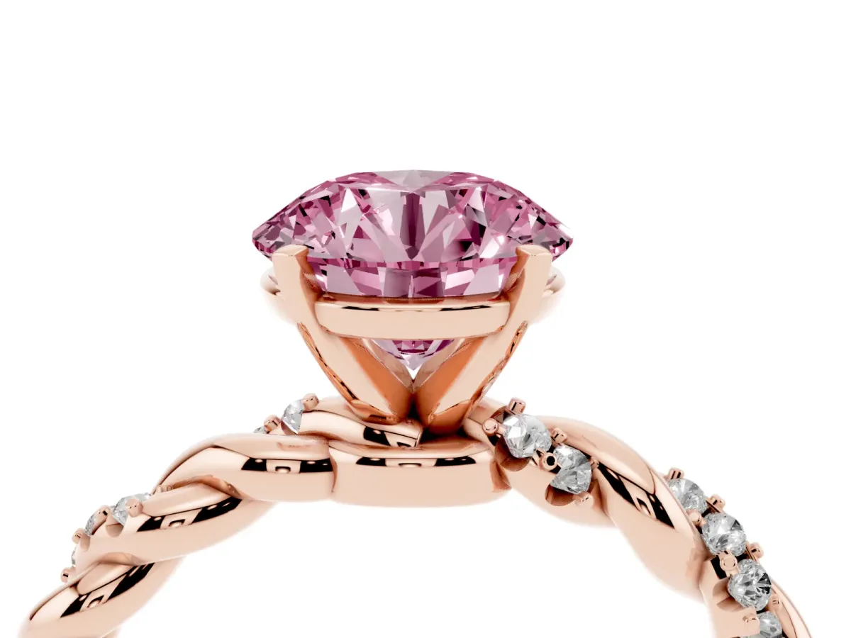 Fancy Pink Round Cut Diamond Solitaire Ring with Twisted Band and Pavé Accents Rose gold