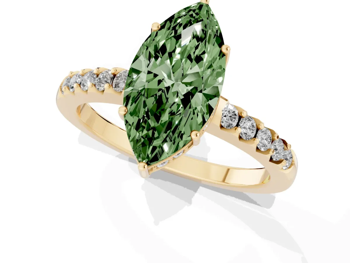 Fancy Green Marquise Cut Solitaire Diamond Engagement Ring with Pavé Band and Six-Prong Setting Yellow gold